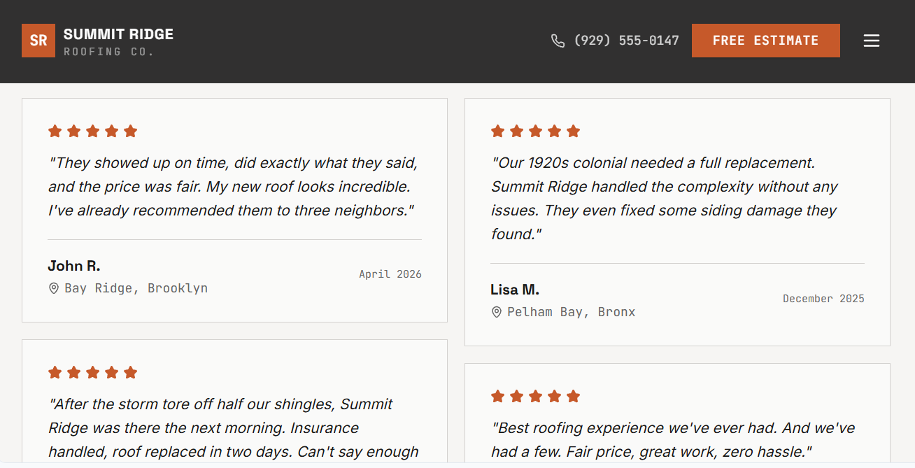 Summit Ridge Roofing free estimate CTA section