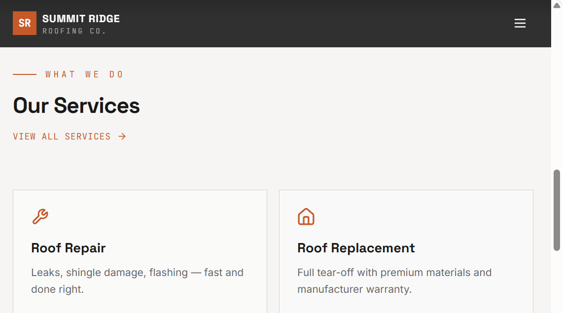 Summit Ridge Roofing mobile navigation menu